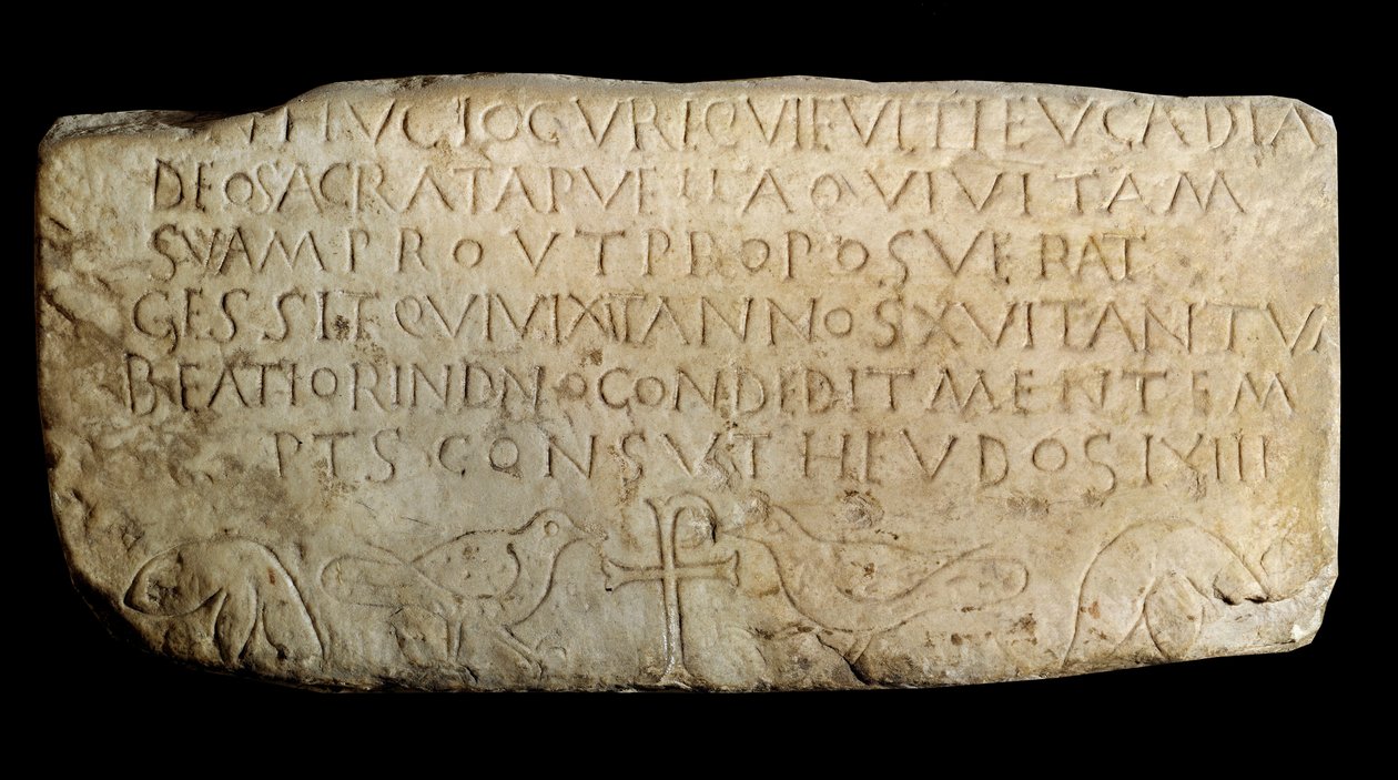 Paleochristian art: epitaf Leucadia. Pamětní deska ze starého kostela Makabejských v Lyonu. Paříž, muzeum Louvre od Paleo Christian Paleo Christian