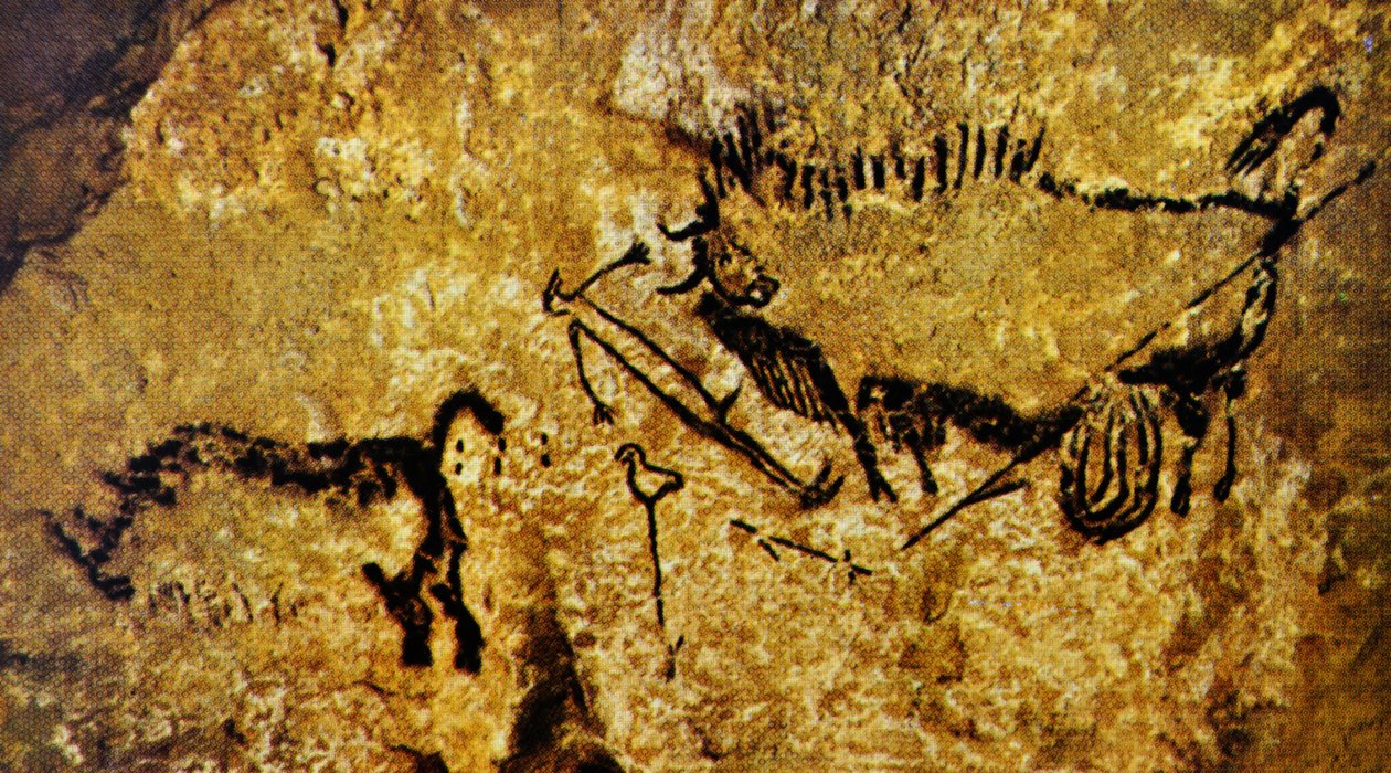Zraněný zubr, zraněný muž a nosorožec srstnatý, Lascaux (jeskynní malba) od Paleolithic Paleolithic