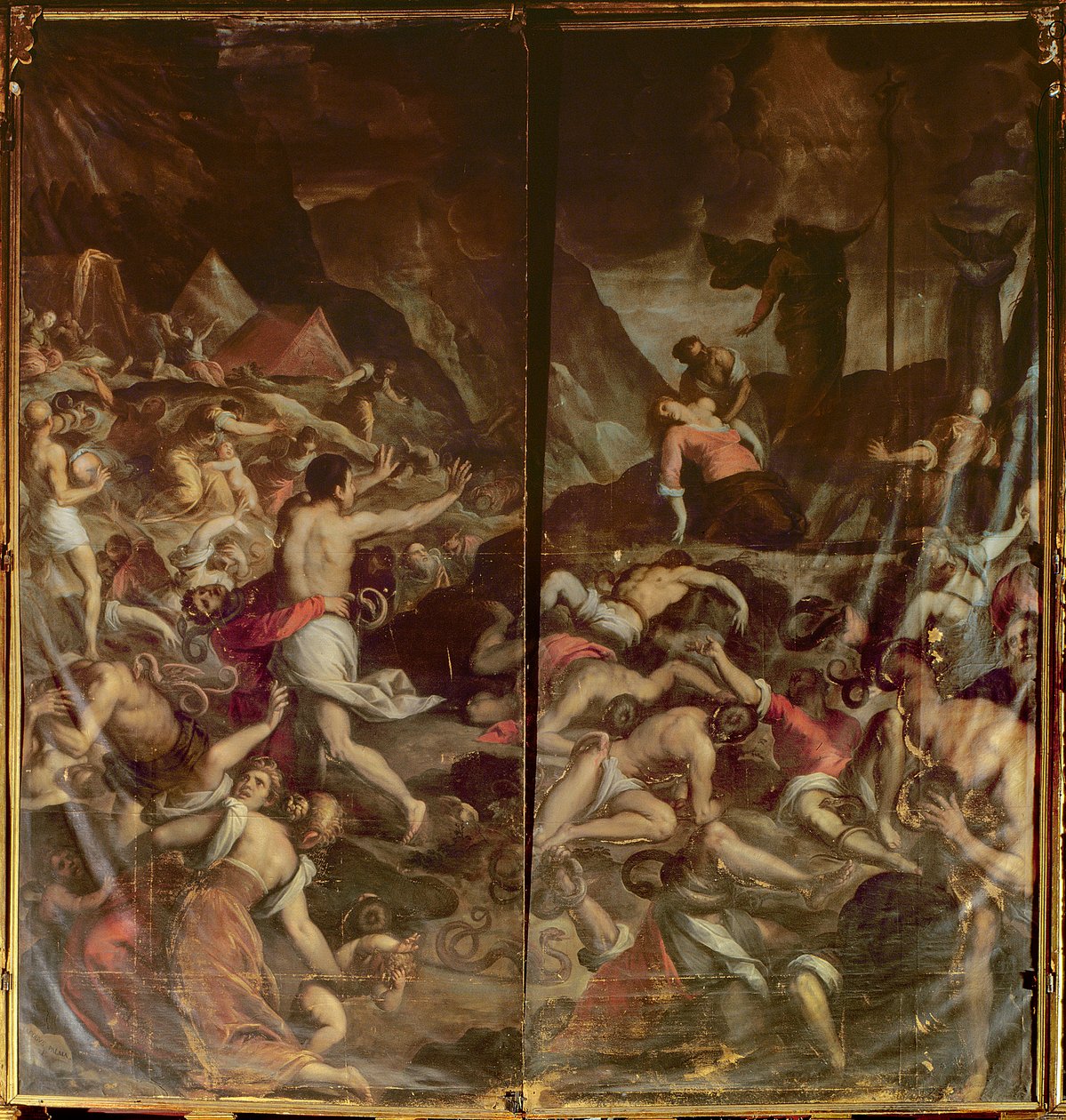 Dvoje varhanní panelové dveře zobrazující Ohnivé hady zamořující Mojžíšův tábor po smrti Árona, 1600 od Palma Il Giovane