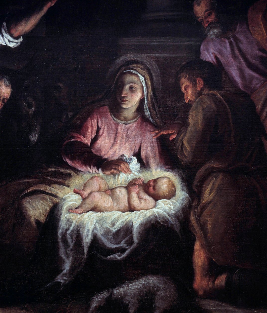Klanění pastýřů Detail obrazu od Palmy Giovane (1544-1628). Ženeva ze 17. století, Muzeum umění a historie od Palma Il Giovane