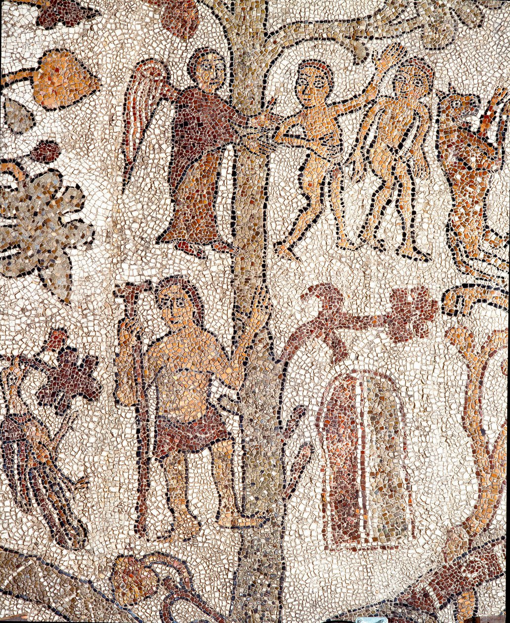Adam a Eva loví z mozaiky Zemského ráje Pantaleone, kněze a mozaikáře. 1163-1166. Centrální loď katedrály Otranto od Pantaleon