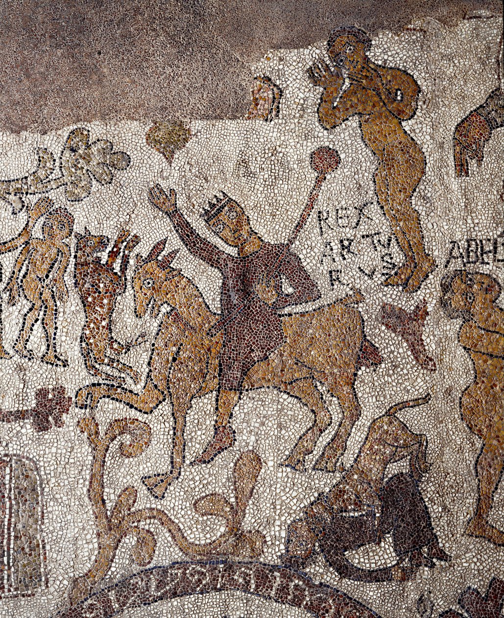 Zastoupení krále Artuše a Percevala. Mozaika Pantaleone, kněz a mozaika. 1163-1166. Centrální loď Cathedrale of Otranto (Otranto), Itálie od Pantaleon Pantaleon