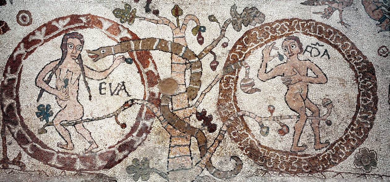 Pokušení Adama a Evy Mozaika z Pantaleone, kněze a mozaikáře. 1163-1166. Centrální loď Cathedrale of Otranto (Otranto), Itálie od Pantaleon Pantaleon