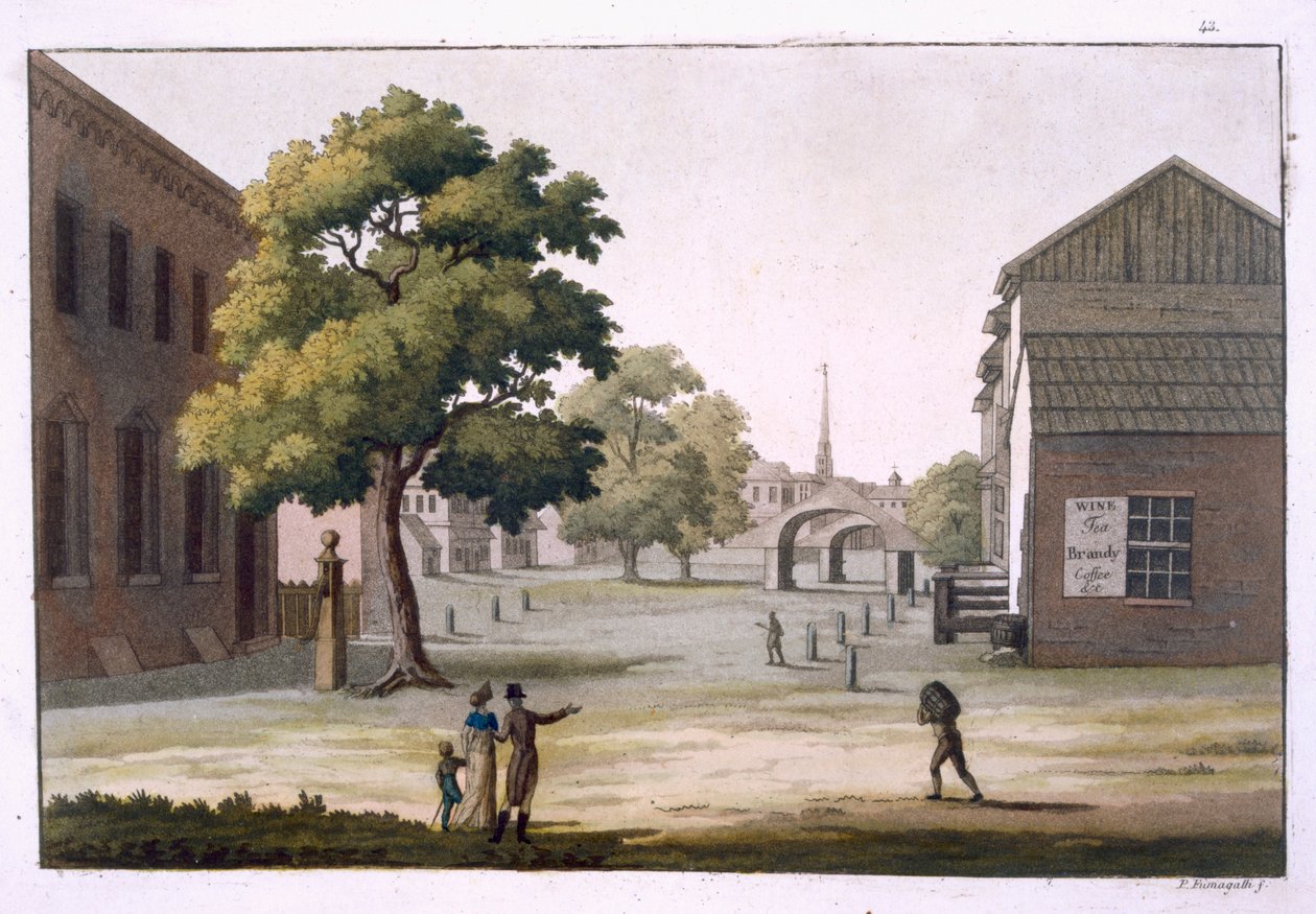 Tržní náměstí, Philadelphia, Pensylvánie, z „Le Costume Ancien et Moderne“, svazek I, deska 43, od Julese Ferraria, vydáno kolem 20.–30. od Paolo Fumagalli