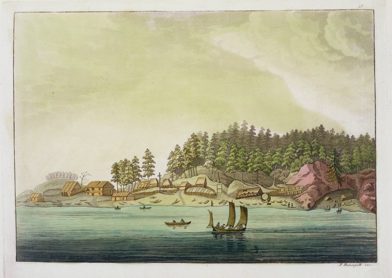 Rané osídlení Vancouveru (barevná rytina) od Paolo Fumagalli