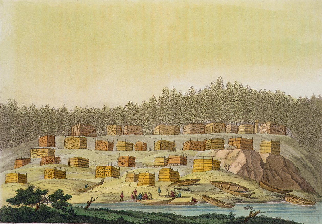 Indian Village, New Georgia, Aljaška (barevná rytina) od Paolo Fumagalli