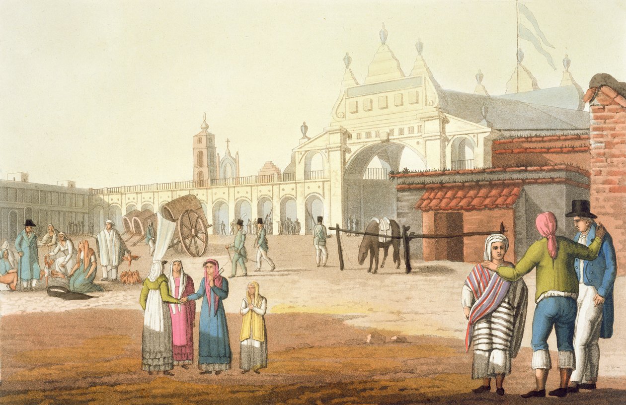 Piazza del Mercato, Buenos Aires, Argentina, z „Starověkého a moderního kostýmu“, svazek II, deska 1, od Julese Ferraria, vydáno kolem 20.–30. let 19. století od Paolo Fumagalli