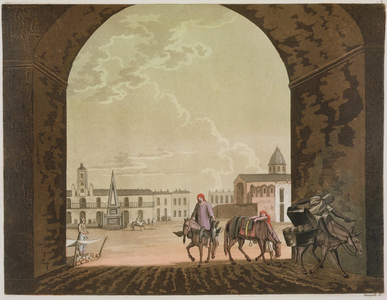 Plaza de Mayo, Buenos Aires, Argentina, z knihy "Le Costume Ancien et Moderne, Volume II, plate 2, autor Jules Ferrario, vydáno cca ve 20.-30. letech 19. století od Paolo Fumagalli