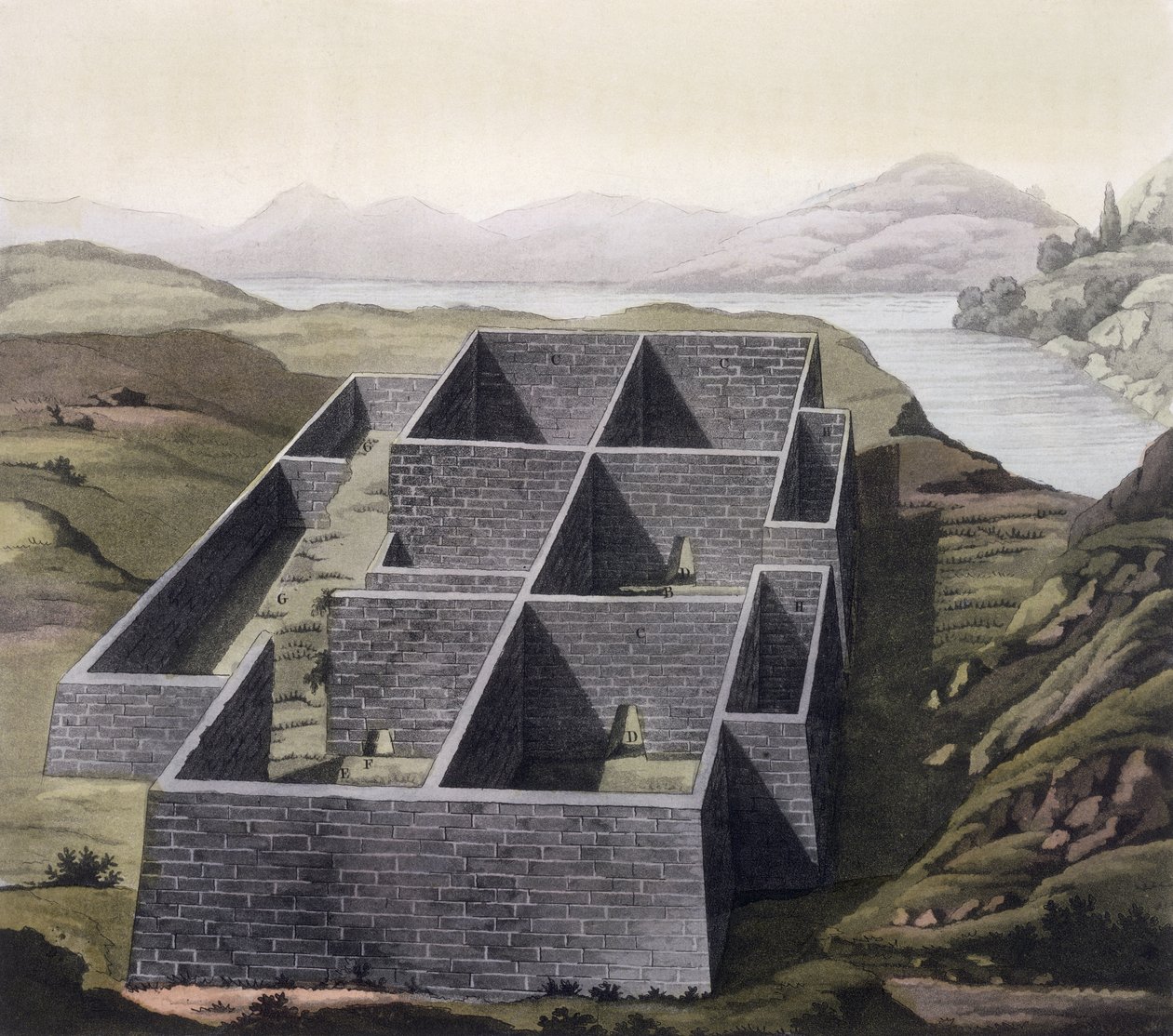 Pozůstatky paláce Inků v Callo, Peru, z „Le Costume Ancien et Moderne“, svazek II, deska 23, od Julese Ferraria, vydáno kolem 20.–30. let 19. století od Paolo Fumagalli