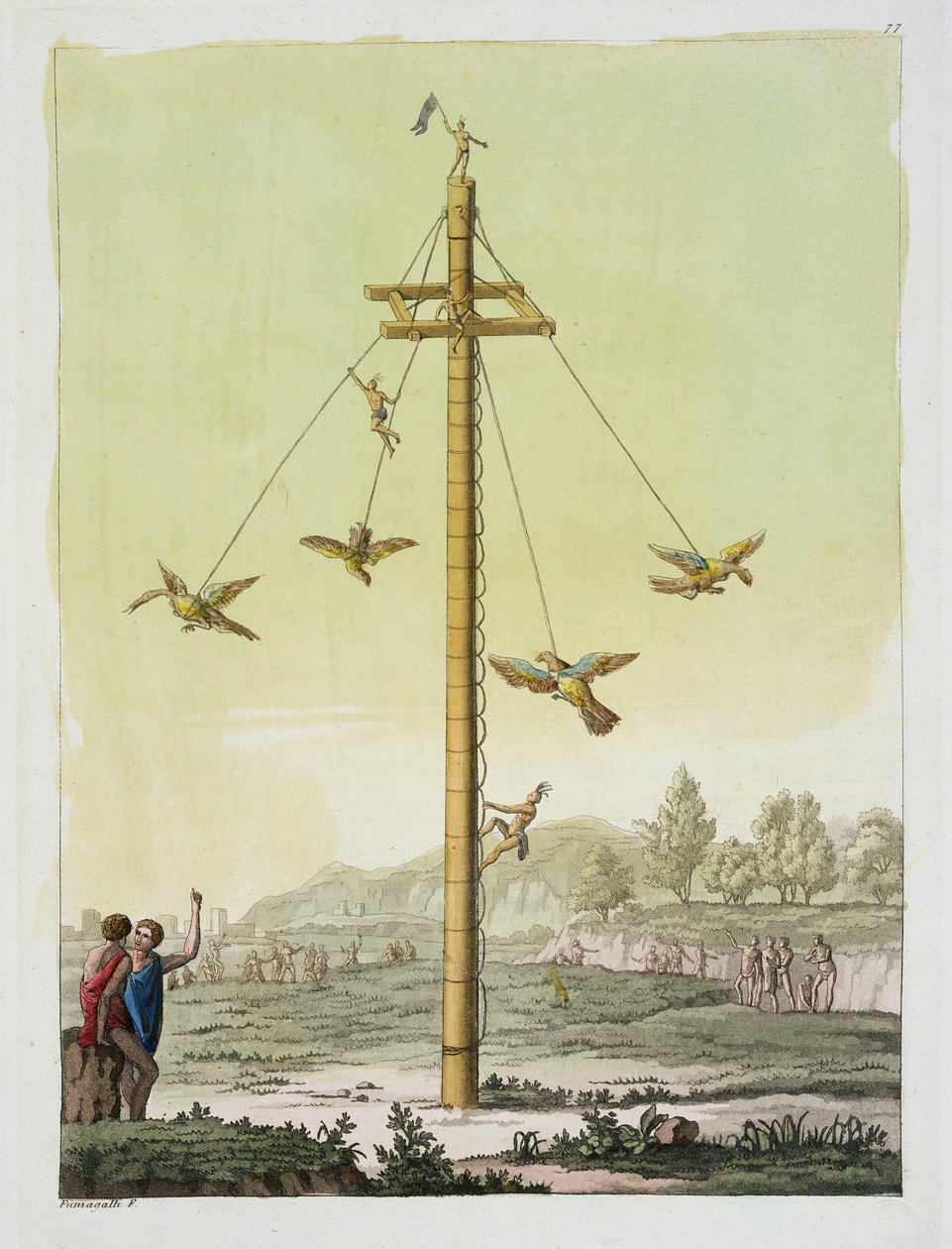 The Flying Game, z „Le Costume Ancien et Moderne“, svazek I, deska 77, od Julese Ferraria, vydáno kolem 20.–30. let 18. století (barevná rytina) od Paolo Fumagalli