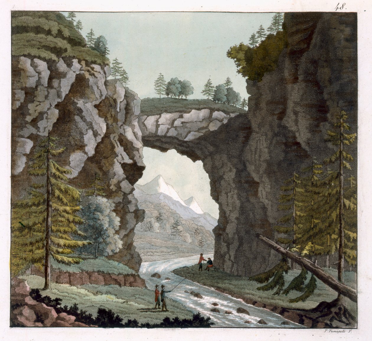 The Rock Bridge, Virginia, z knihy "Le Costume Ancien ou Moderne", svazek 1, deska 48, autor Jules Ferrario, vydáno asi ve 20.-30. letech 19. století (barevná rytina) od Paolo Fumagalli