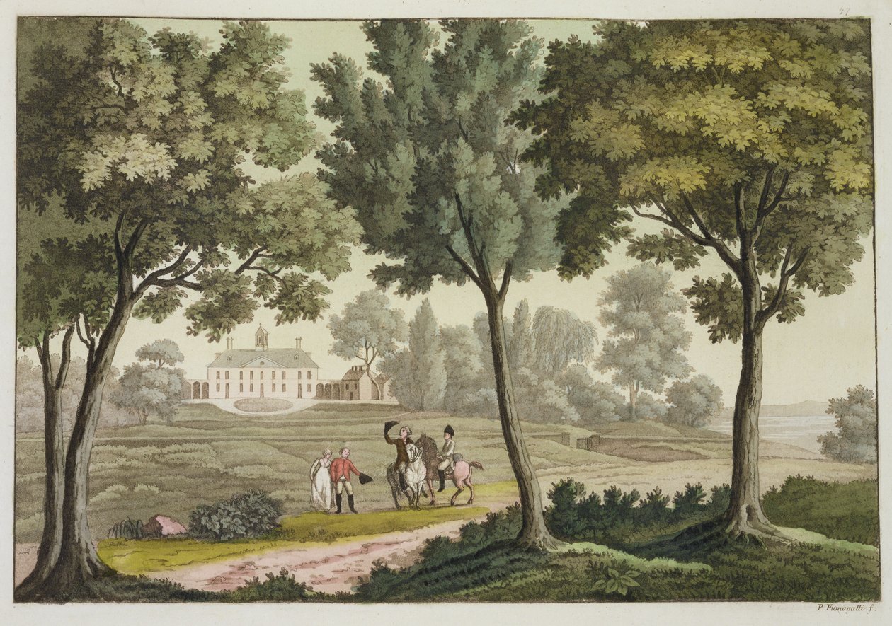 Washingtonův dům na Mount Vernonu, z knihy "Le Costume Ancien et Moderne", deska 39, autor Jules Ferrario, vydáno asi ve 20.-30. letech 19. století (barevná rytina) od Paolo Fumagalli