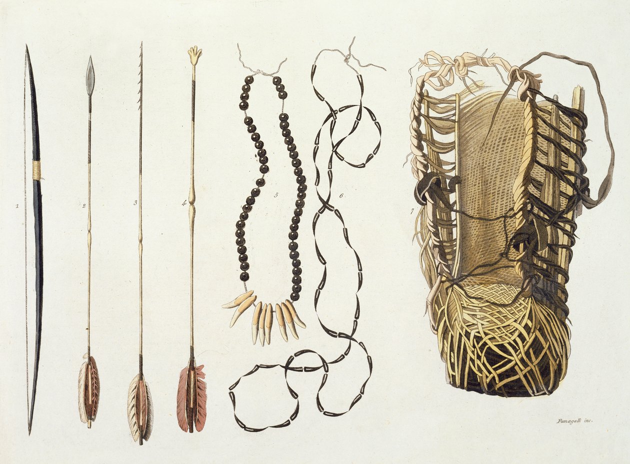 Zbraně, nástroje a šperky kmenů Puri a Botocudos, region Rio Grande, Paraguay a Brazílie, z „Le Costume Ancien et Moderne“, svazek II, deska 43, od Julese Ferraria, vydáno kolem 20.–30. od Paolo Fumagalli