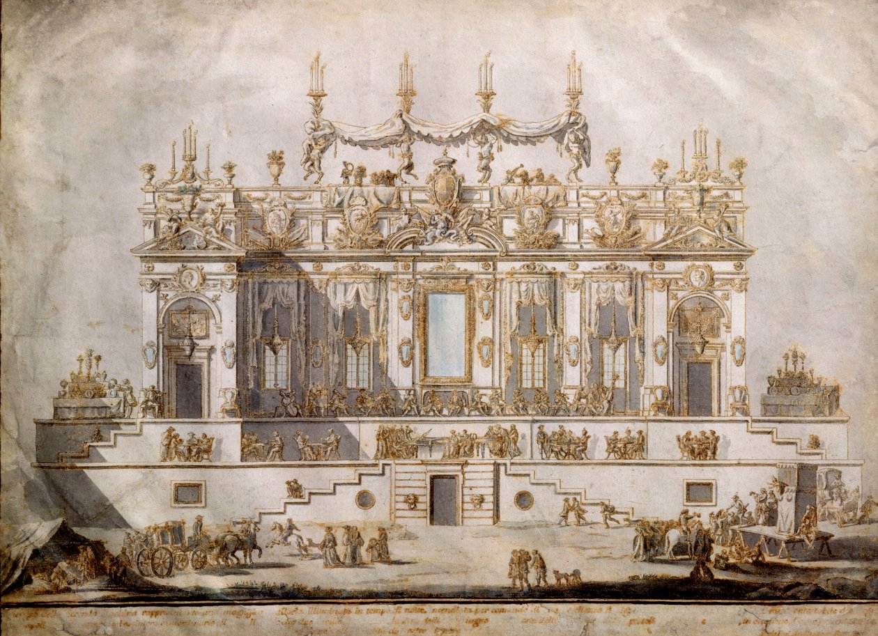 Řez velkolepým domem, návrh pro Festa della Chinea, nakreslený G. Palazzi (asi 1740-76), 1764 (pero a inkoust a mytí na papíře) od Paolo Posi
