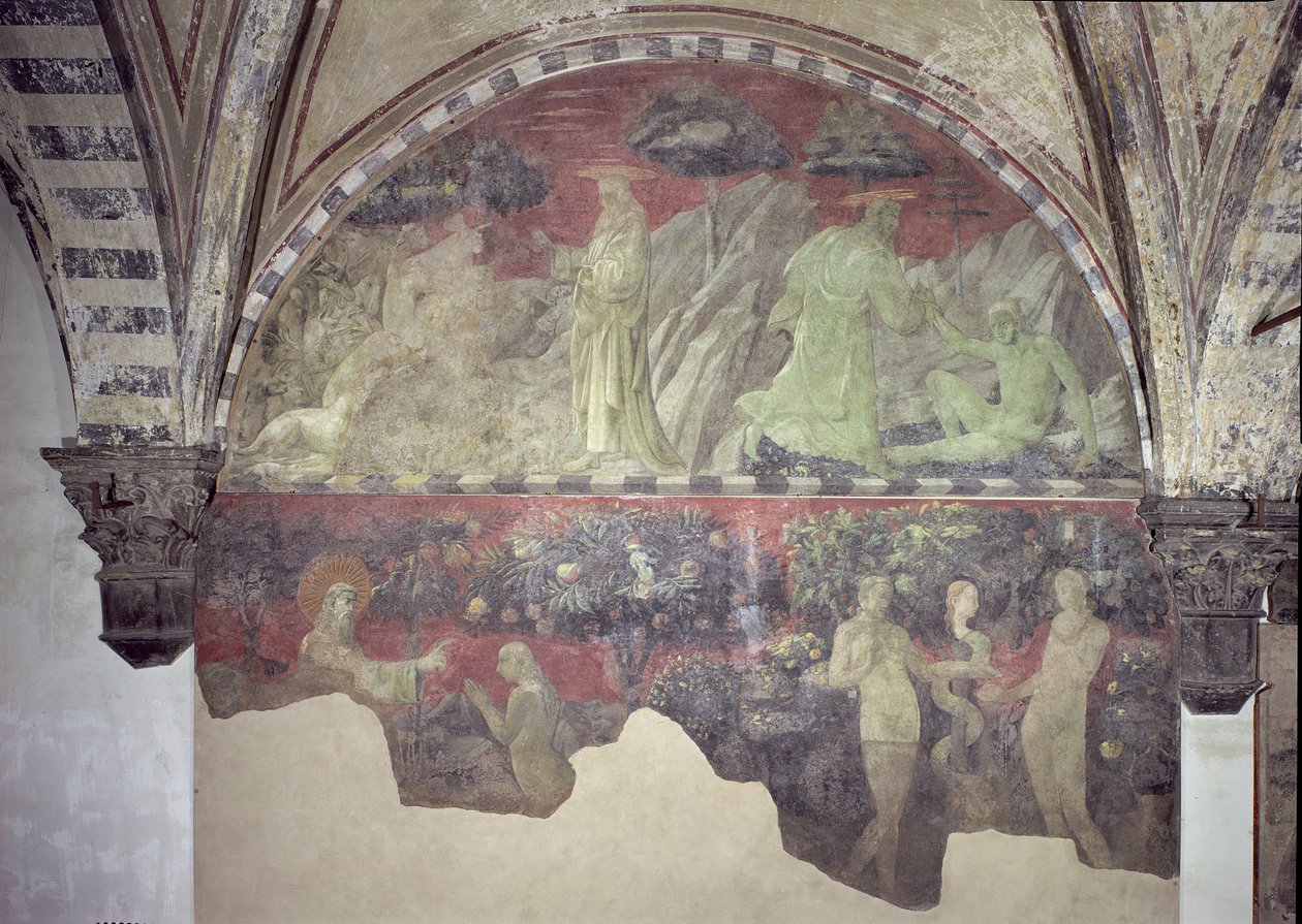 Luneta Stvoření zvířat a Adama (horní část) Stvoření Evy a prvotního hříchu (dolní část) od Paolo Uccello