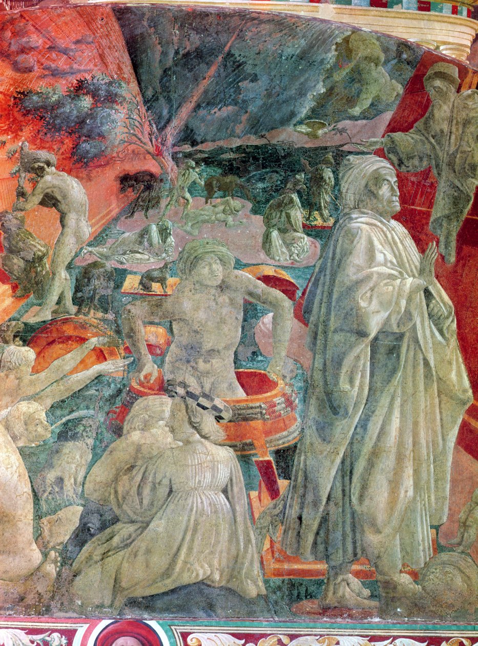 Velká povodeň a ústup vody (detail muže v sudu a Noema), 1446-8 (freska přenesená na plátno) od Paolo Uccello