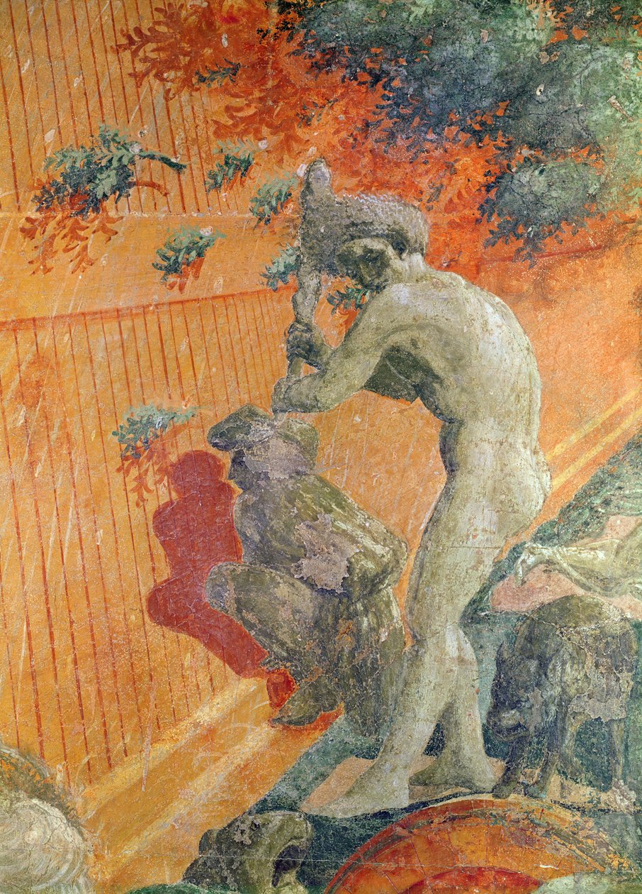 Velká povodeň a ústup vody detail muže proti opevnění vlevo dole, freska z let 1446-8 přenesená na plátno od Paolo Uccello