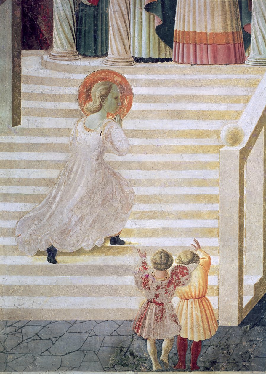 Panna Maria vystupující po schodišti při představení Marie v chrámu, 1433-34 (detail) od Paolo Uccello
