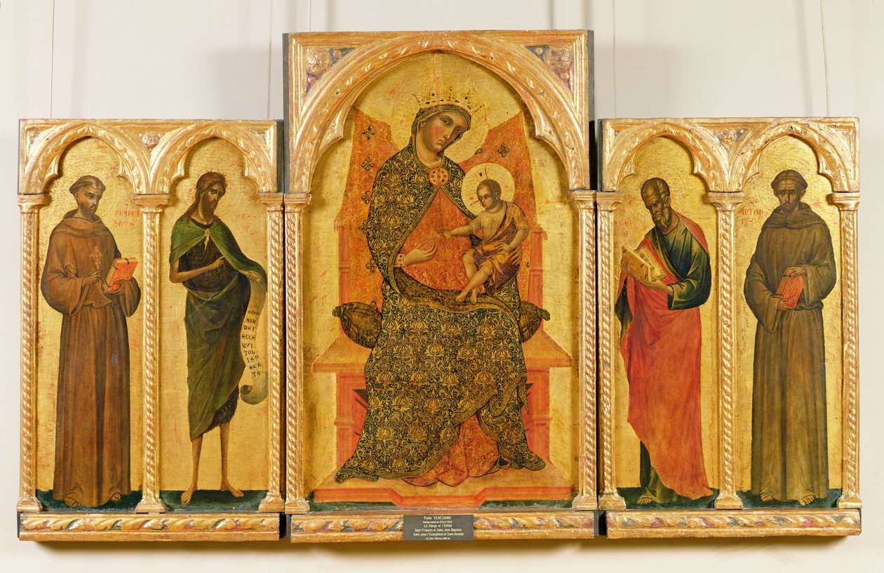 Panna s dítětem se sv. Františkem, Janem Křtitelem, sv. Janem Evangelistou, sv. Antonínem Paduánským, 1354 (tempera na panelu) od Paolo Veneziano