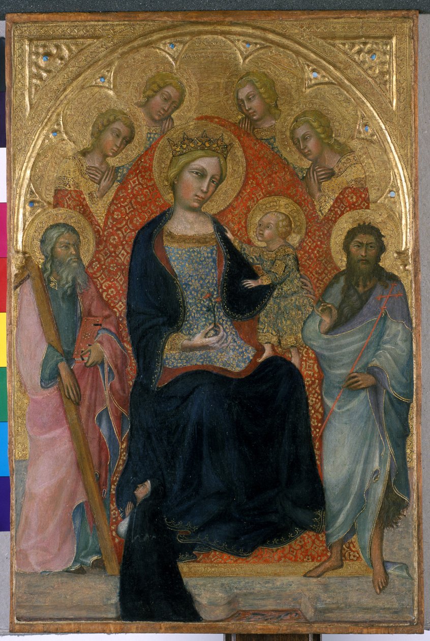 Trůnící Madona s dítětem se čtyřmi anděly, dvěma světci a dobrodincem, cca 1400 (tempera na dřevě) od Paolo di Giovanni Fei