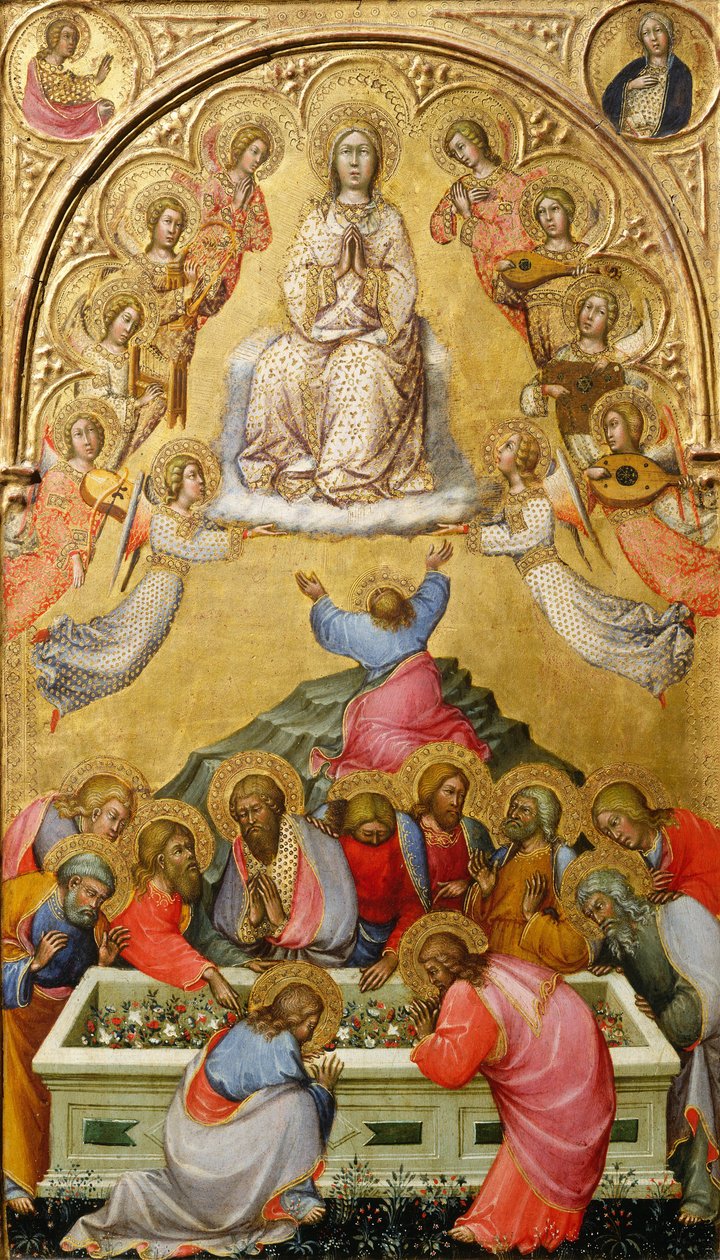 Nanebevzetí Panny Marie s bustami archanděla Gabriela a Panny Marie Zvěstování, kolem 1400-5 (tempera na panelu) od Paolo di Giovanni Fei