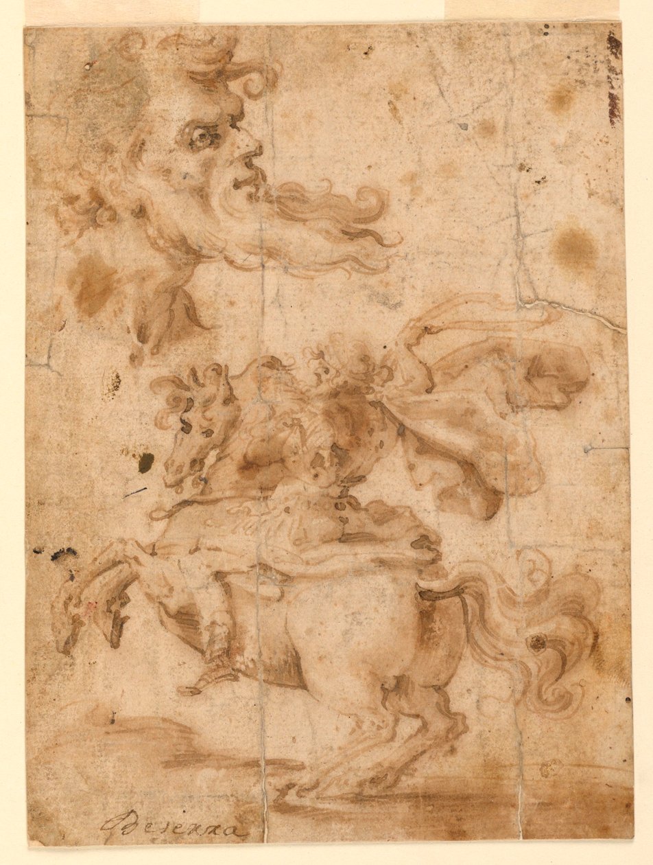Kresba, Hlava vousatého muže, muž na koni, asi 1650 od Paolo Emilio Besenzi