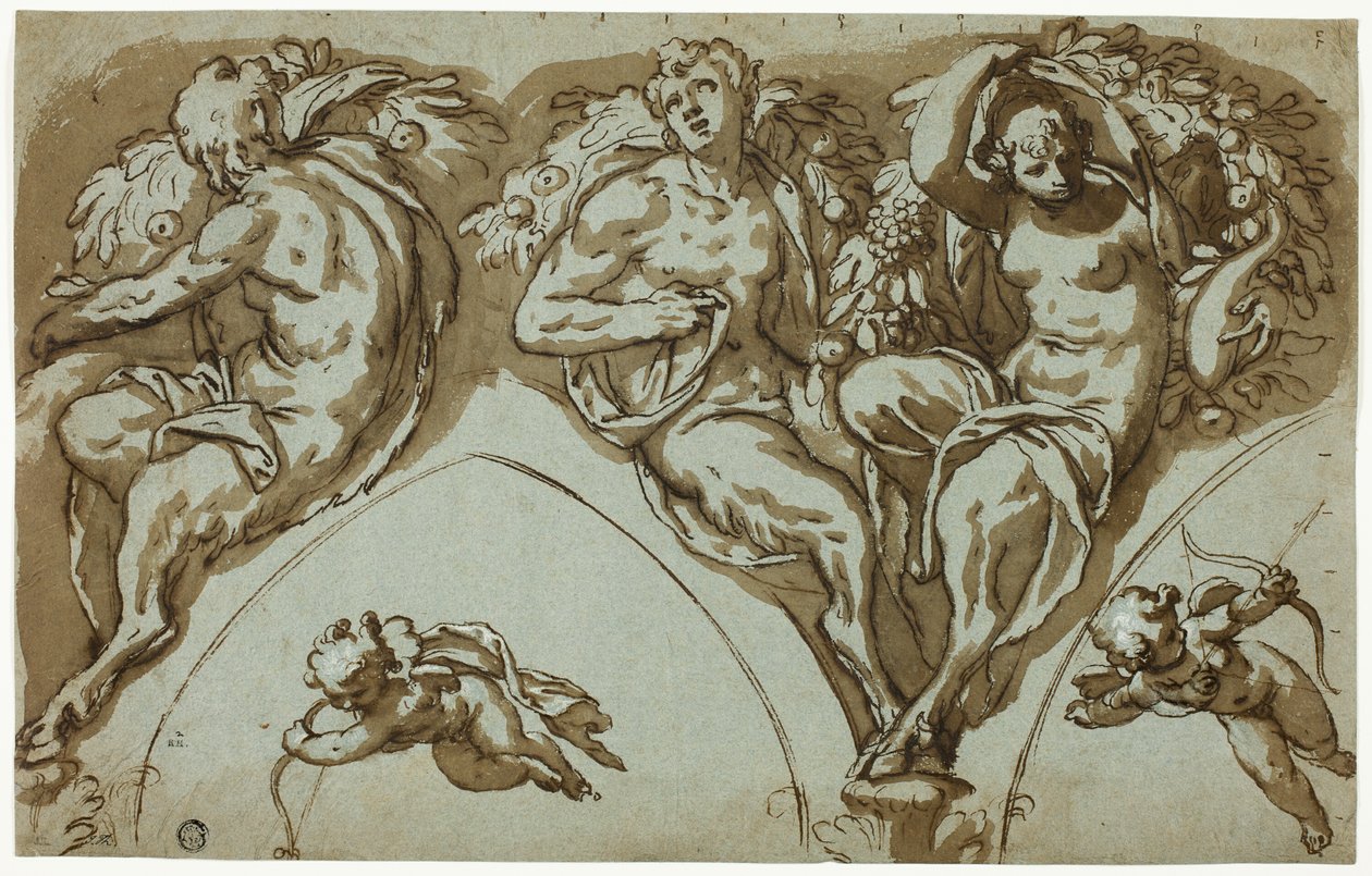 Studie k výzdobě spandrelu se satirami, satyry a putti (recto); hlava putta (verso) od Paolo Farinati