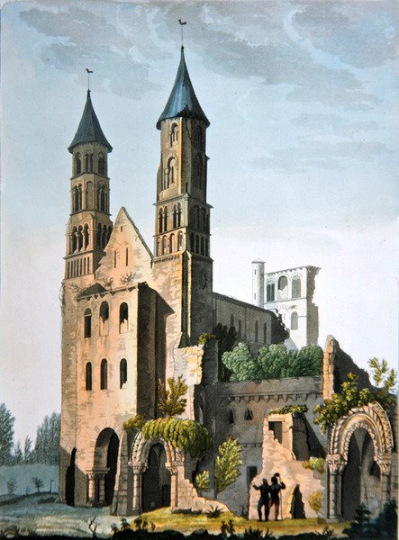 Opatství Jumieges, z „Le Costume Ancien et Moderne“ od Julese Ferraria, publikované kolem 20.–30. let 18. století (barevné lito) od Paolo Fumagalli