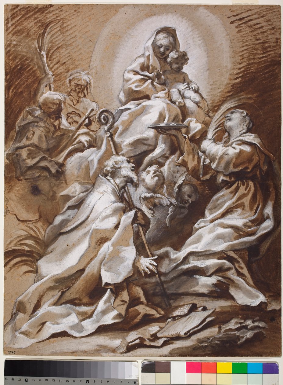 Panna a dítě v slávě se svatými Fortunato, Nicholas, James a Christopher od Paolo Gerolamo Piola