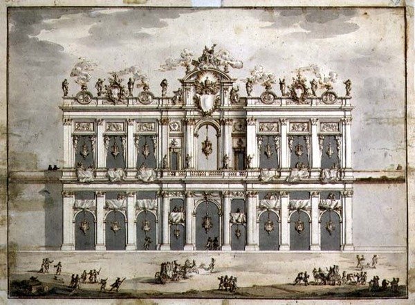 Návrh fasády, pravděpodobně pro „Festa della Chinea“ z roku 1766 (pero a hnědý inkoust a praní v papíru) od Paolo Posi