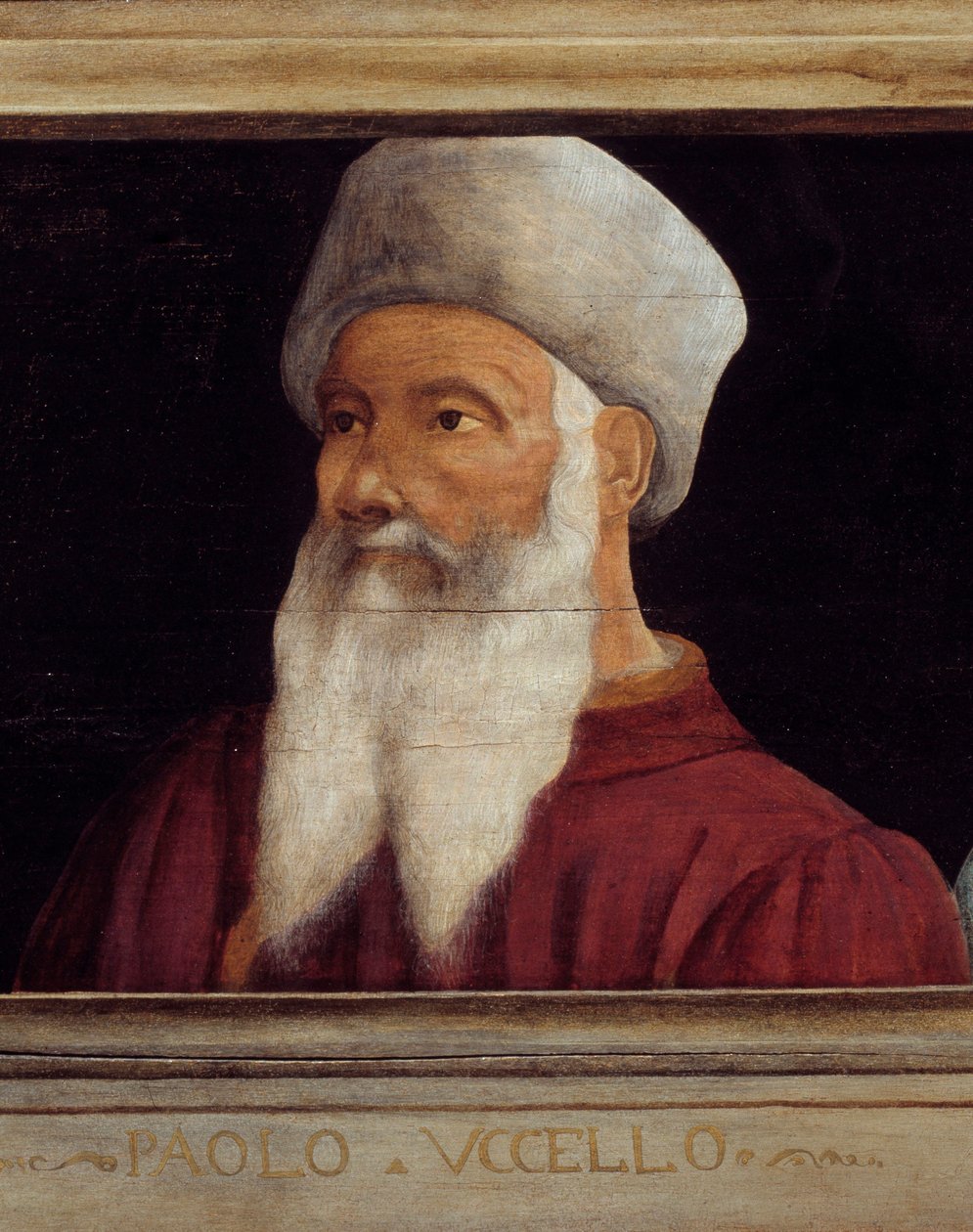 Cassone s 5 portréty mistra detailu florentské renesance s portrétem Paola di Dono (1397-1475) jménem Paolo Uccello. Níže uvedený nápis je pravděpodobně následný. Musee du Louvre, Paříž - Cassone panel s pěti portréty o od Paolo Uccello