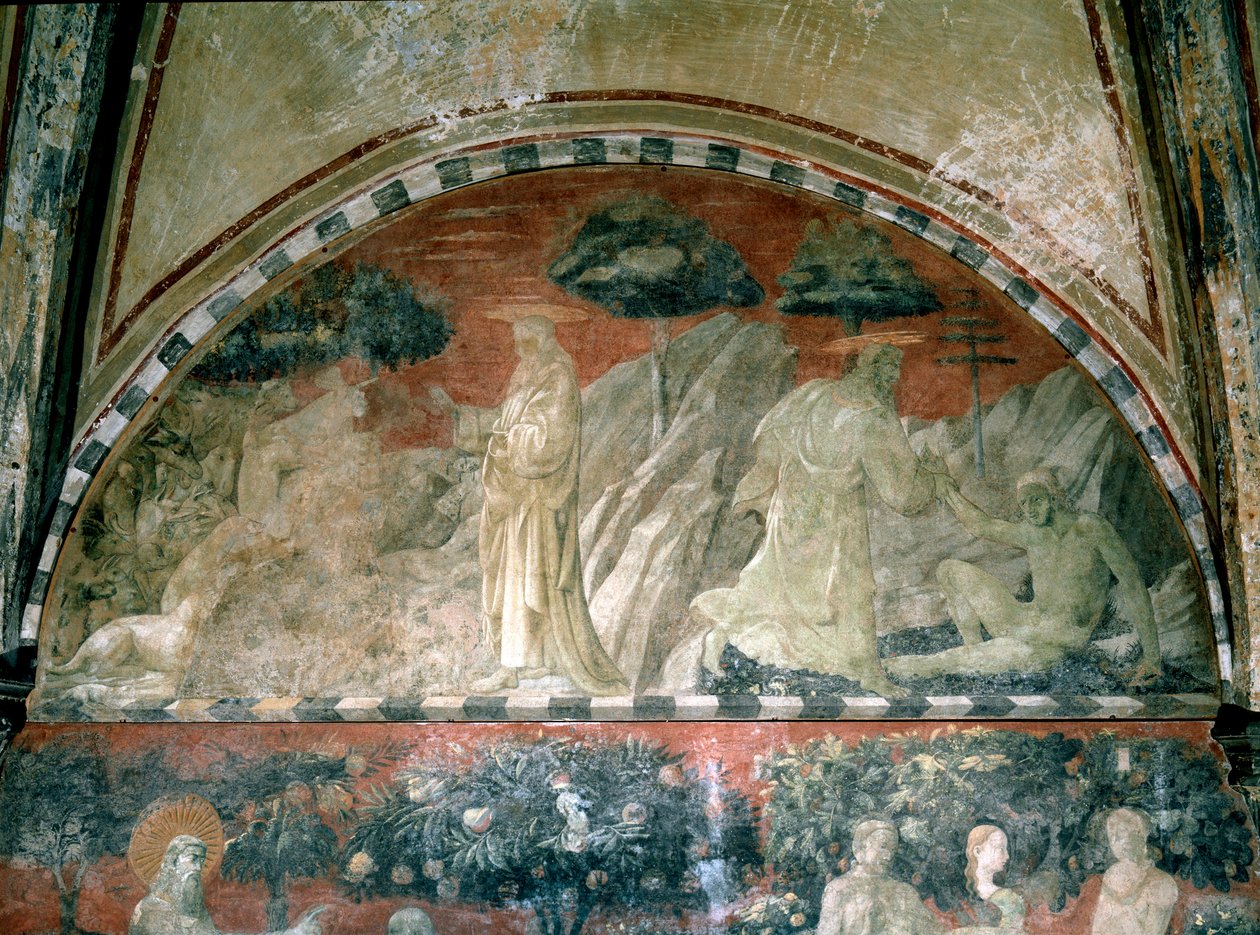 Geneze, stvoření zvířat a stvoření adama - Freska od Paolo Uccello