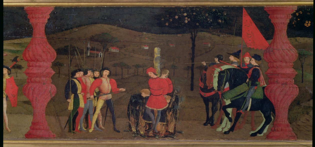 Predella zprofanování hostie: Židovský zastavárník a jeho rodina upáleni na hranici za upečení konsekrované hostie, kolem 1468 (tempera na panelu) (detail) od Paolo Uccello