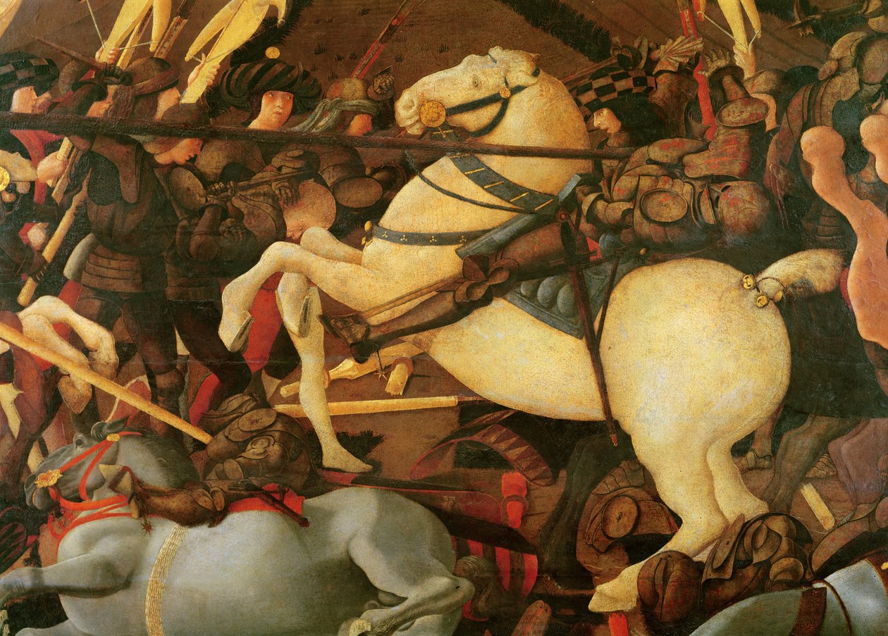 Bitva u San Romana, detail Bernardina della Ciarda seskočil z koně, kolem 1456, tempera na panelu od Paolo Uccello