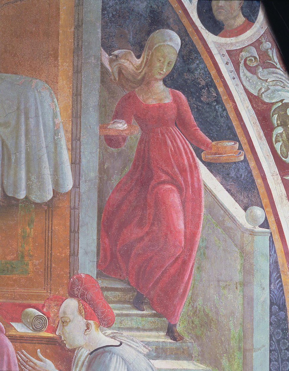 Narození Panny Marie, detail služky z cyklu fresek Životy Panny Marie a sv. Štěpána, z Cappella dell" Assunta od Paolo Uccello