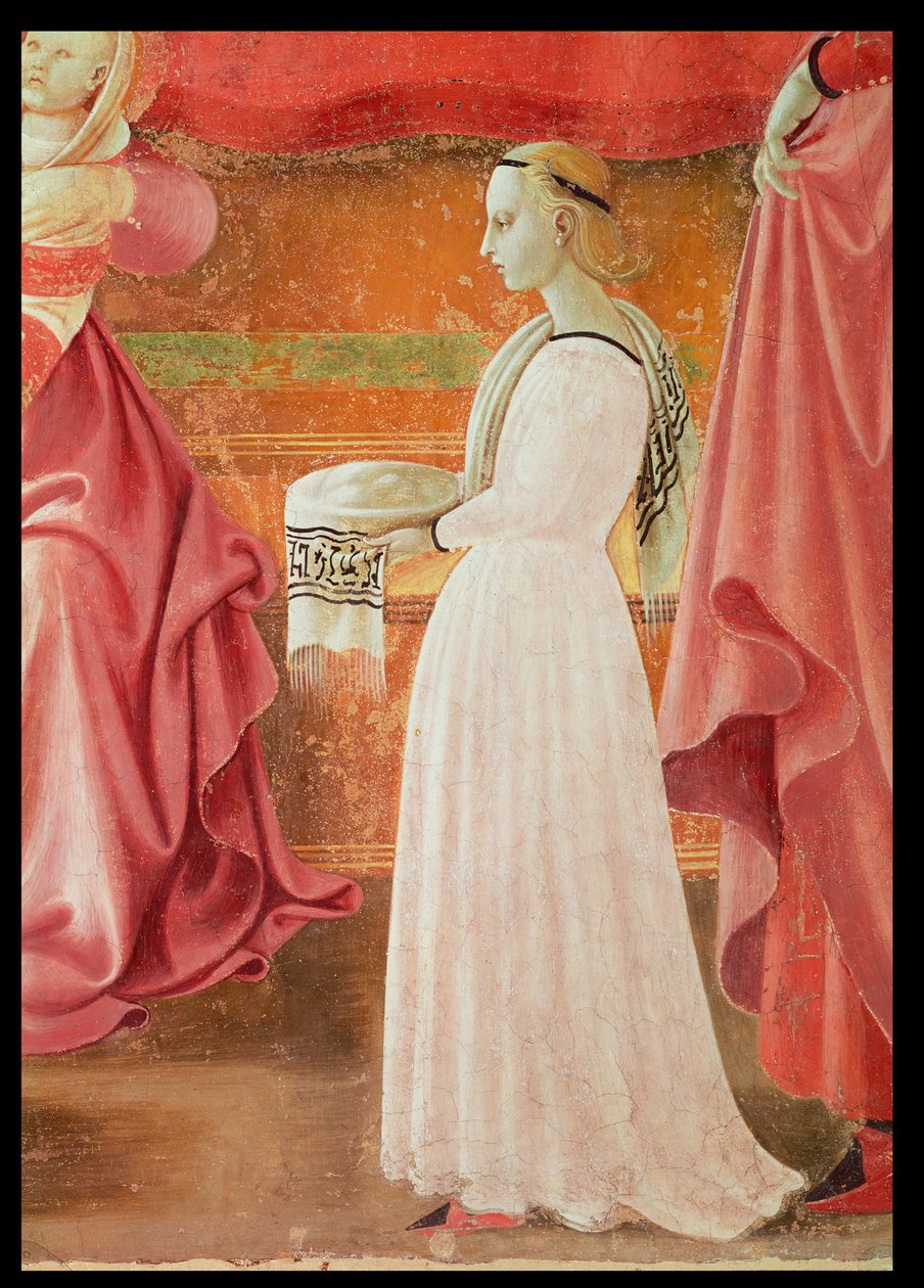 Narození Panny Marie, detail stojící služebné z cyklu fresek Životy Panny a sv. Štěpána, z fresky Cappella dellAssunta kaple Nanebevzetí Panny Marie 1433-34 od Paolo Uccello
