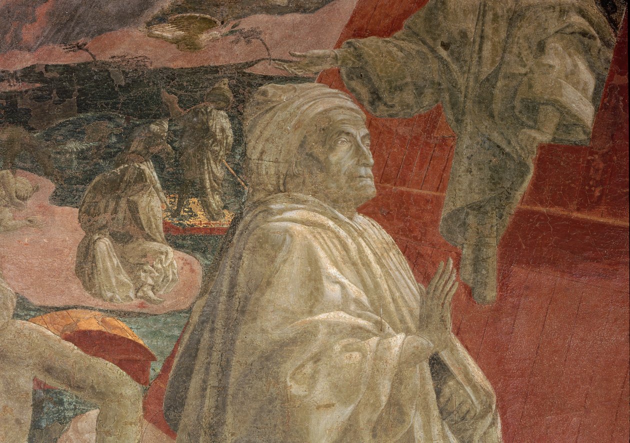 Potopa a pokles vod a Noemova oběť a opilost, detail modlící se postavy, freska s lunetou od Paolo Uccello