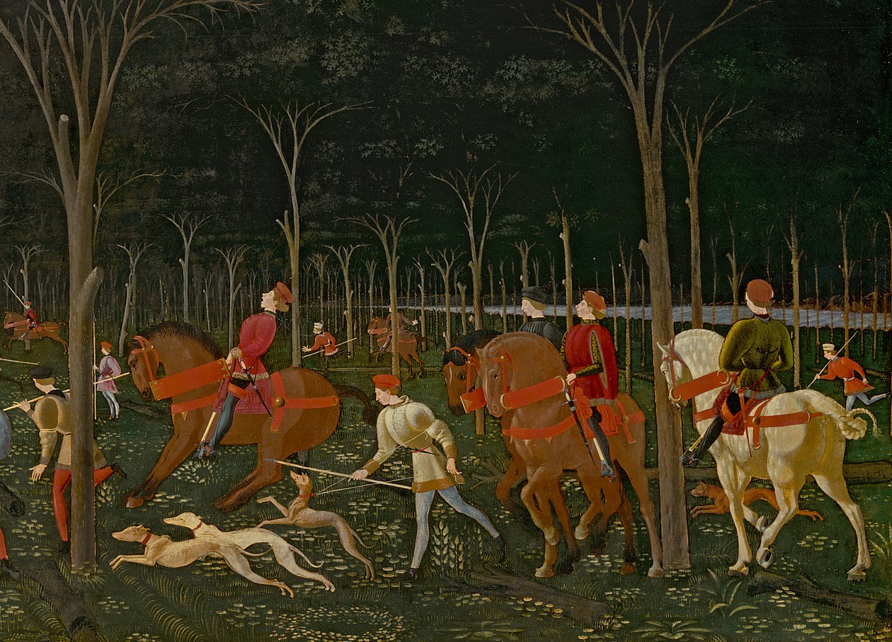 Lov v lese, asi 1465-70 olej na desce detail 100861 od Paolo Uccello