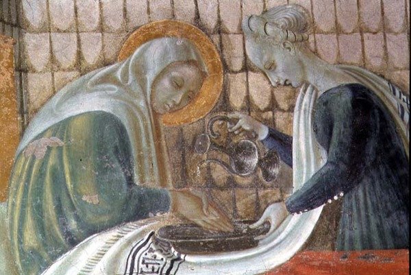 Narození Panny Marie, detail zobrazující sv. Annu myjící si ruce, z kaple Nanebevzetí Panny Marie, 1433-34 od Paolo Uccello
