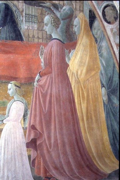 Narození Panny Marie, detail zobrazující ženy z rodiny dárců, z kaple Nanebevzetí Panny Marie. od Paolo Uccello
