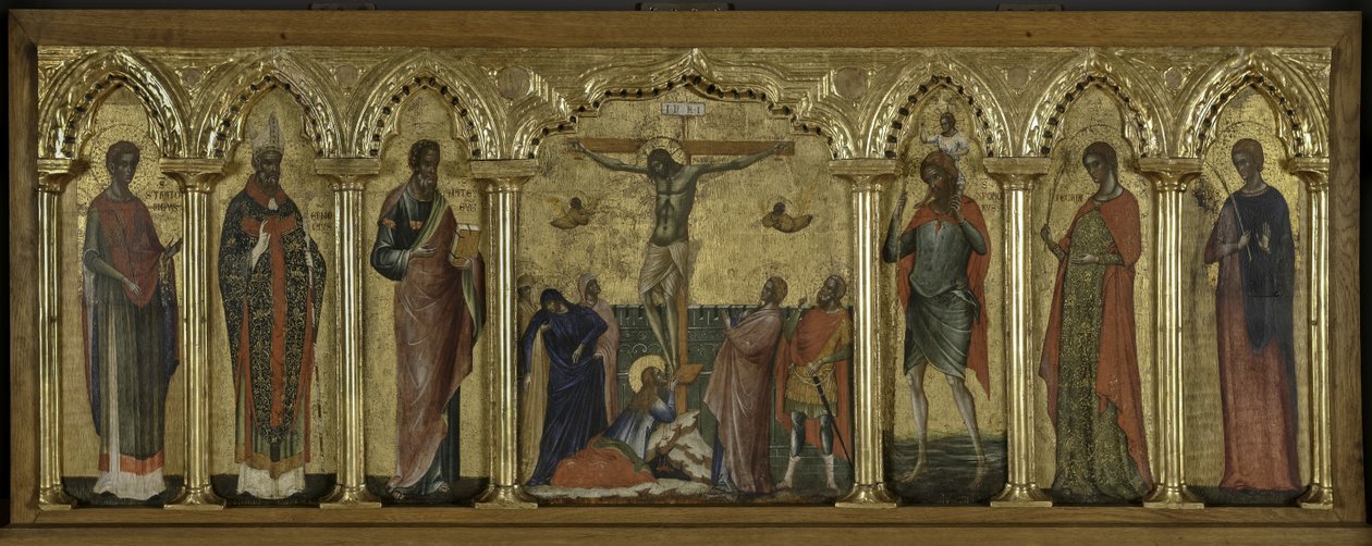 Svatý Stratonicus, Svatý Hermolaus, Svatý Matouš, Svatý Kryštof, Svatá Thecla a Svatý Abundius, Polyptych Ukřižování se svatými od Paolo Veneziano