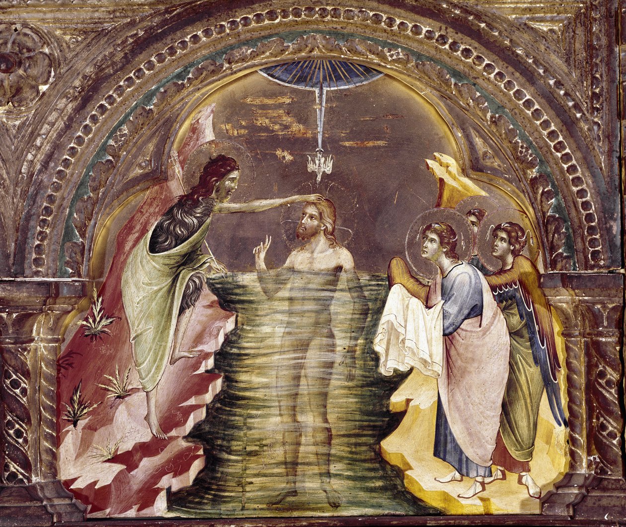 Ježíšův křest, detail polyptika Santa Chiary. (olej na dřevě, cca 1350) od Paolo Veneziano
