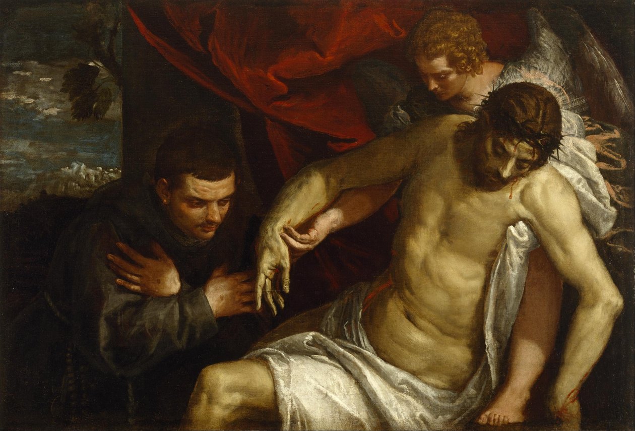Mrtvý Kristus podpíraný andělem a uctívaný františkánem od Paolo Veronese