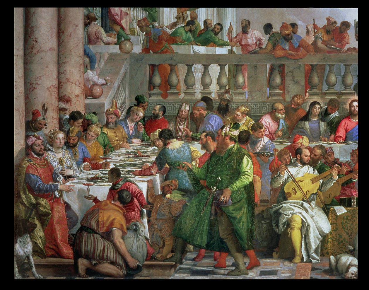 Svatební hostina v Káně, detail hodovního stolu s mužem v zeleném hábitu a trpaslíkem s papouškem, c.1562 detail olej na plátně z 94932 od Paolo Veronese