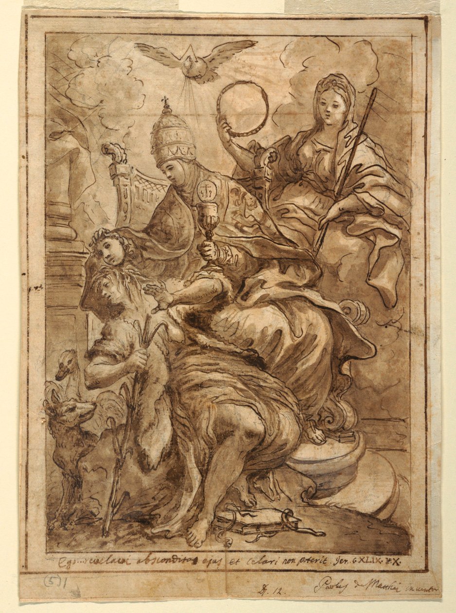 Kresba, Církev vítězící nad falší, asi 1700 od Paolo de Mattheis