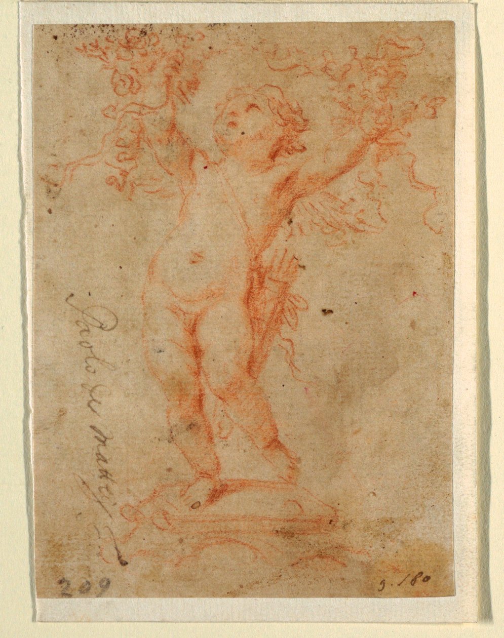 Kresba, Amor zvedající oběma rukama svazky květin, 1710-28 od Paolo de Mattheis