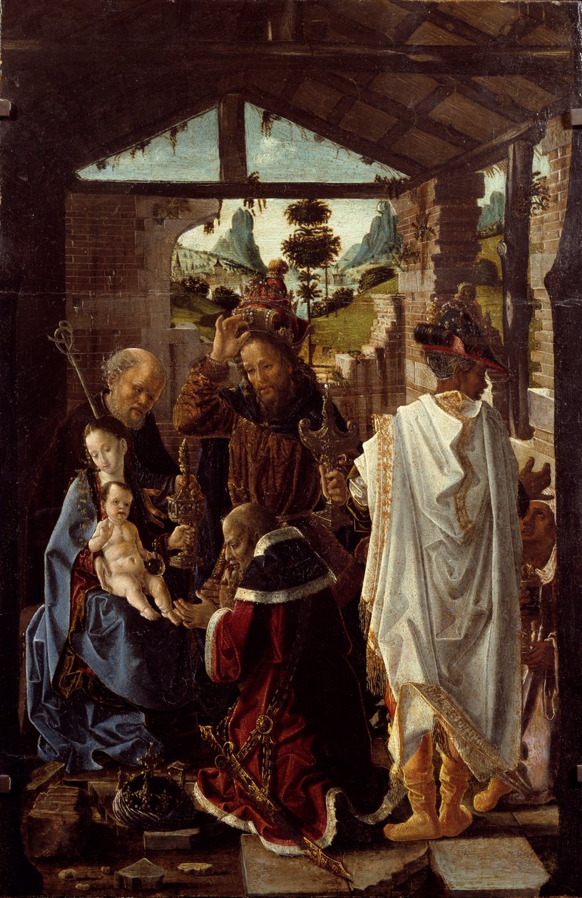 Klanění tří králů. (olej na dřevě, cca 1582) od Paolo de San Leocadio