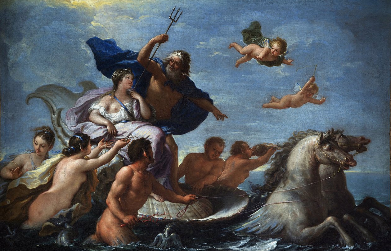 De Matteis, Paolo (1662-1728) Triumf Neptuna a Amfitrit Olej na plátně Barokní Itálie, Škola Neaple Villa Margherita, Bordighera 51x76 Malba od Paolo di Matteis