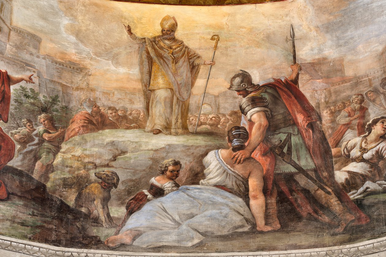 Fresky Paola de Matteis z roku 1714 na klenbě a na bubnu, zobrazující život světce, kaple San Cataldo v katedrále, Taranto, Itálie (foto) od Paolo di Matteis