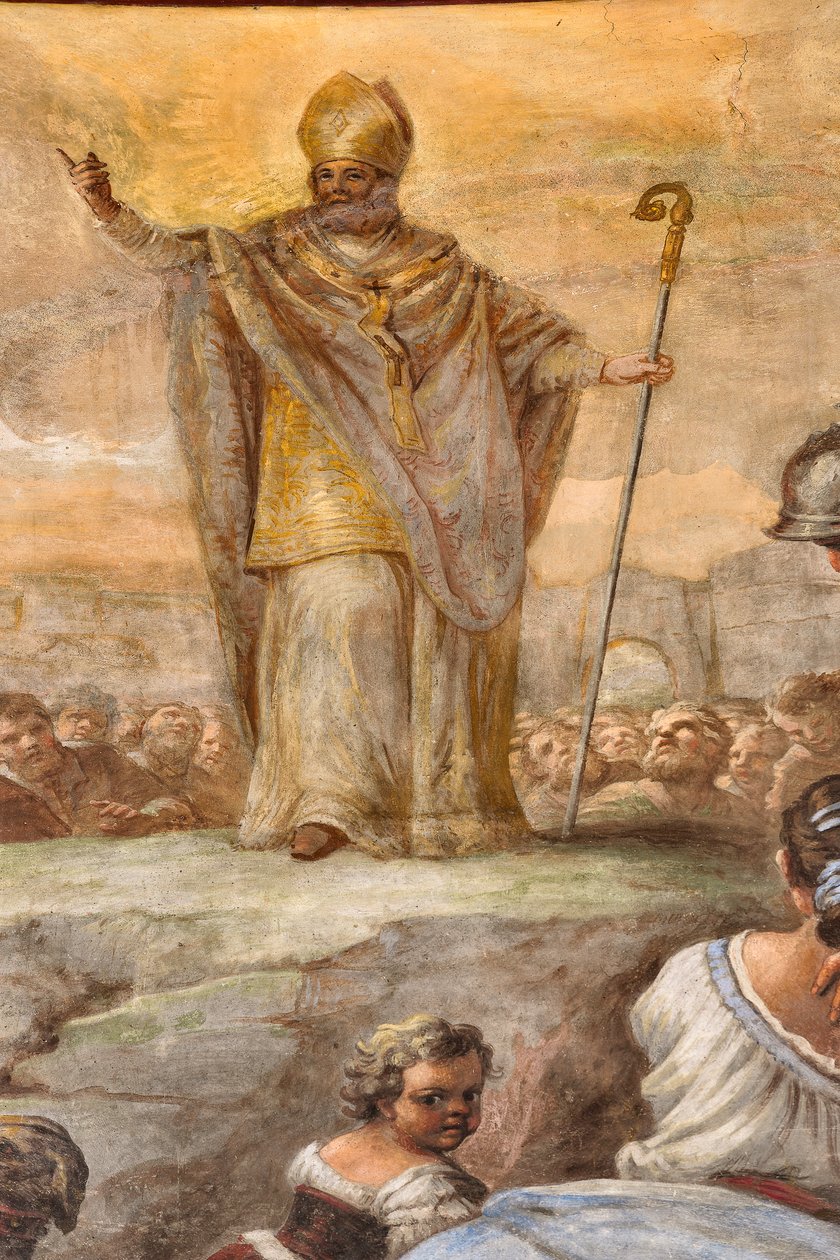 Fresky Paola de Matteis z roku 1714 na klenbě a na bubnu, zobrazující život světce, kaple San Cataldo v katedrále, Taranto, Itálie (foto) od Paolo di Matteis